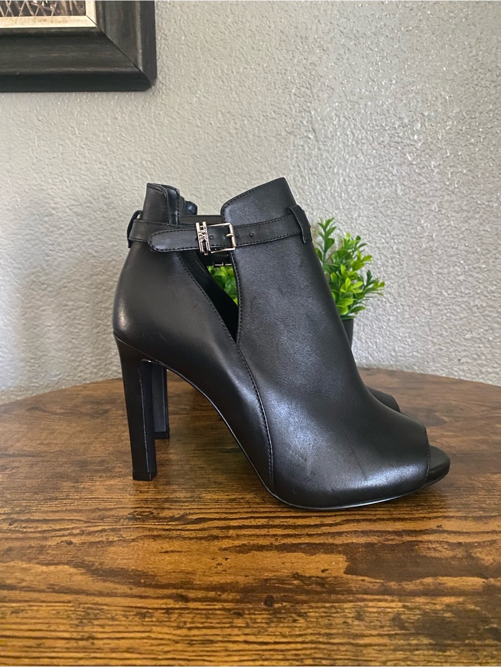 Michael Kors Black Leather Peep-Toe Ankle Booties with Buckle